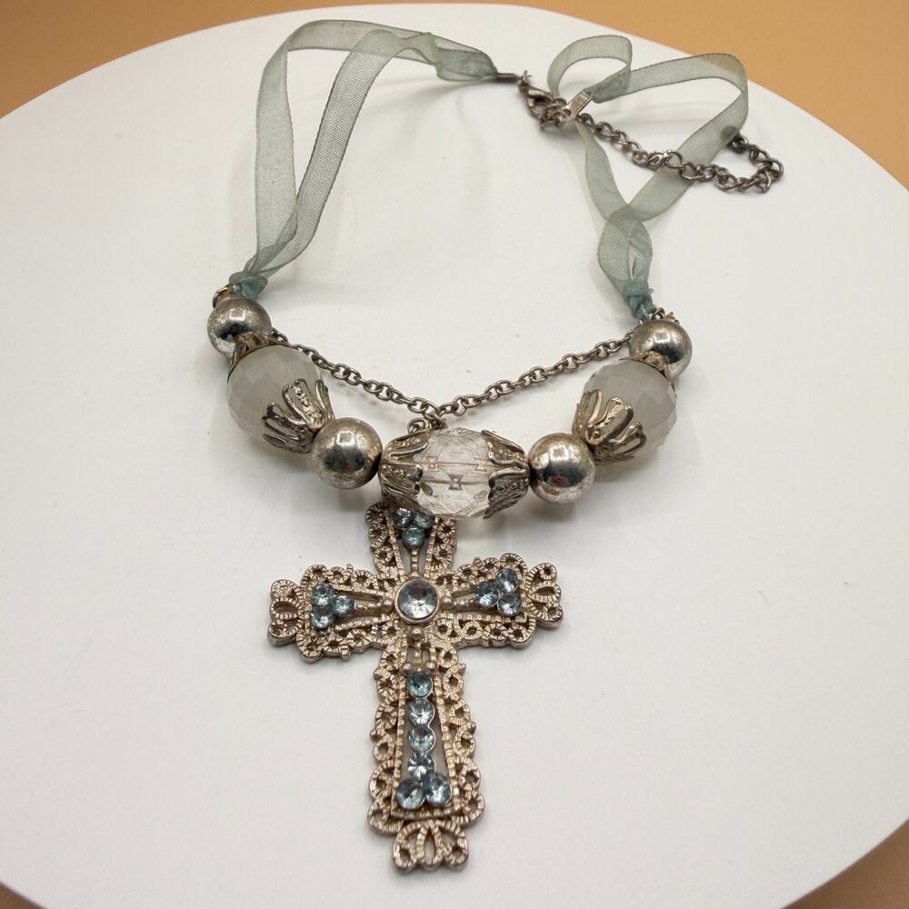 Blue Rhinestone Cross Pendant Necklace Ribbon Beaded Gothic Statement Vintage